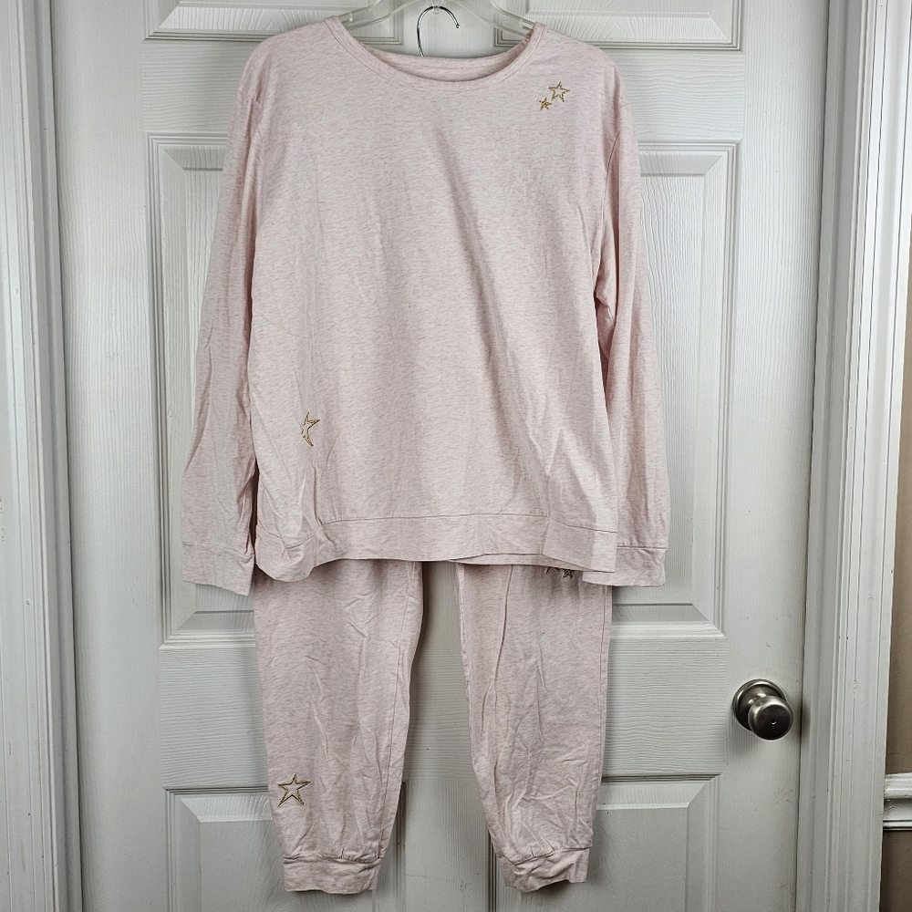BedHead 2pc PJ Set Large Pajamas Soft Cozy Pink Stars Gold Embroidered Winter